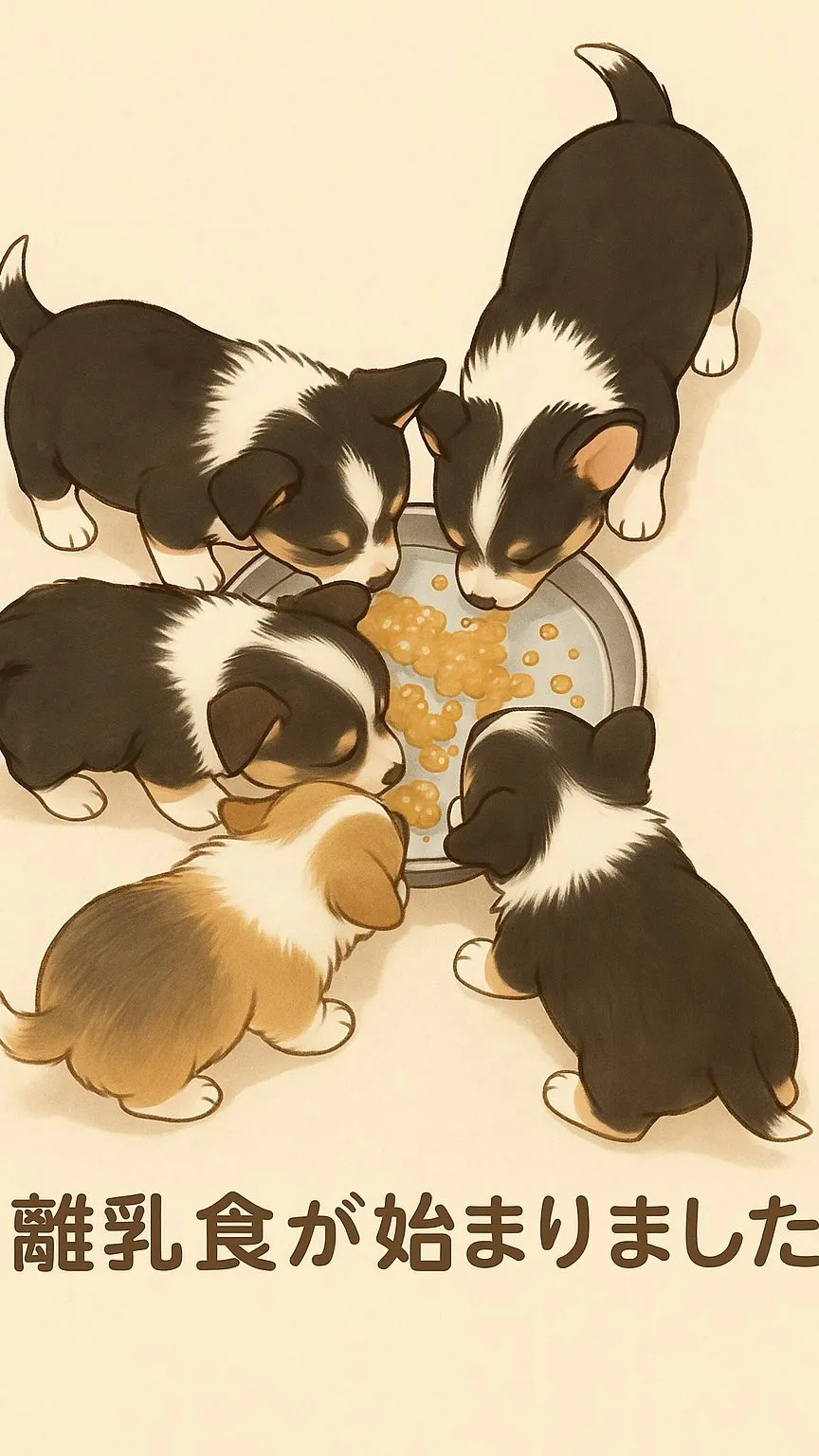 コーギーの子犬たちの離乳食が始まりました🍚✨